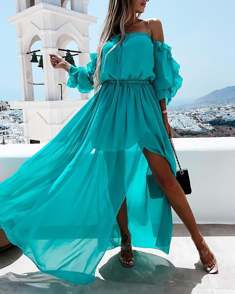 

Off Shoulder Ruffle Hem High Slit Maxi Dress, Blue