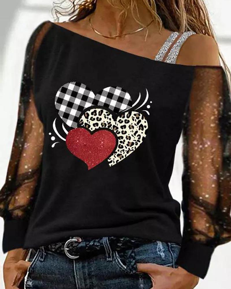 

Valentine' Day Heart Print Contrast Mesh Cold Shoulder Top, Black