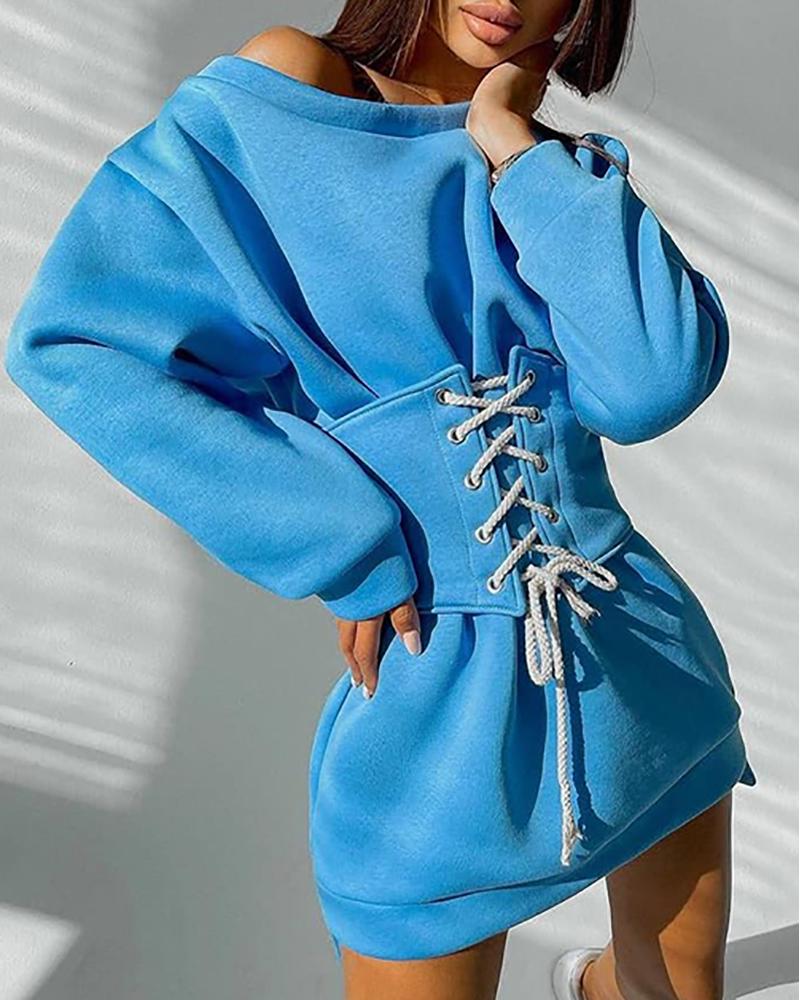 

Long Sleeve Sweatshirt Dress With Eyelet Lace-up Corset, Blue