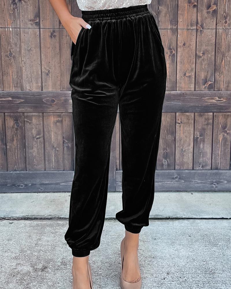 

Pocket Design Velvet Cuffed Pants, Black