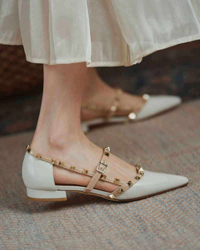 

Studded Buckled Pointed Toe Slingback Shoes, Beige