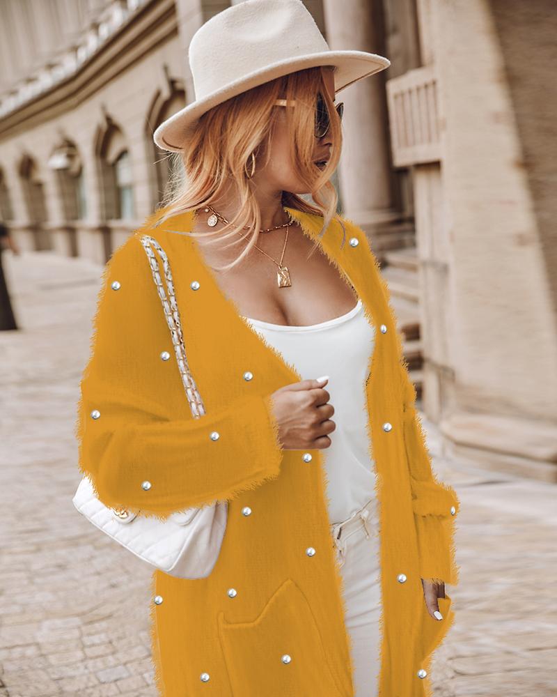 

Beaded Pocket Design Fuzzy Longline Coat, Yellow