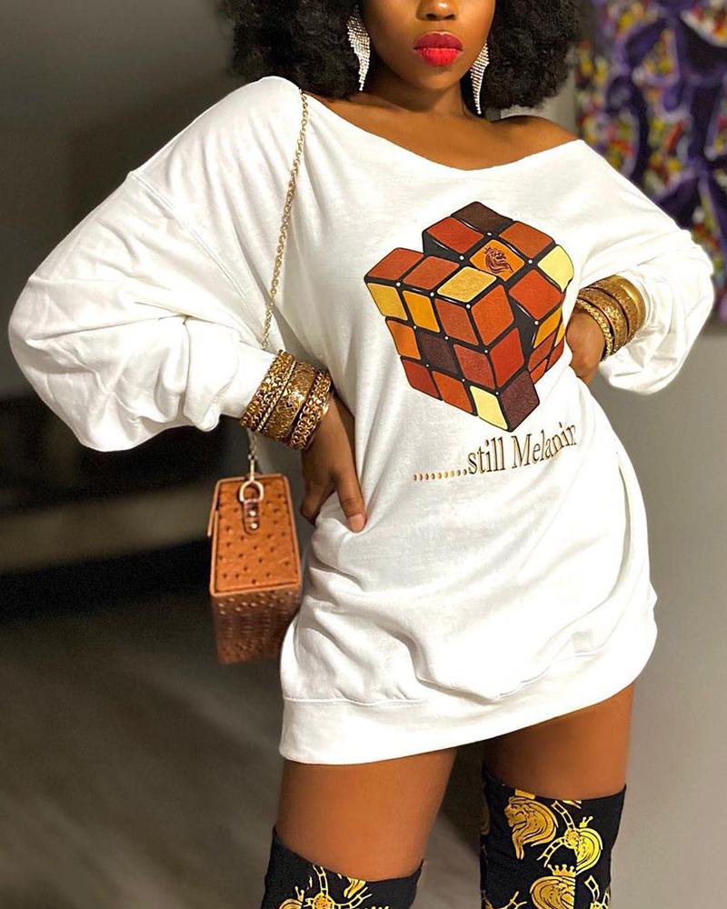 

Letter Graphic Print Long Sleeve T-shirt Dress, White