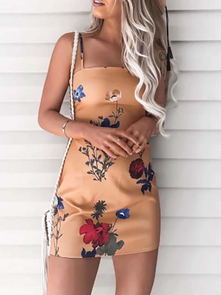 

Hot Floral Spaghetti Strap Tied Back Mini Dress, Orange