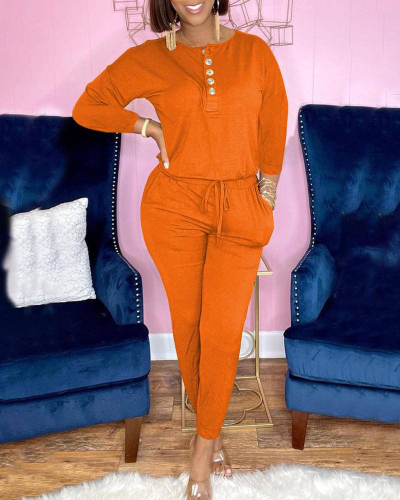 

Button Design Top & Drawstring Pocket Design Pants Set, Orange
