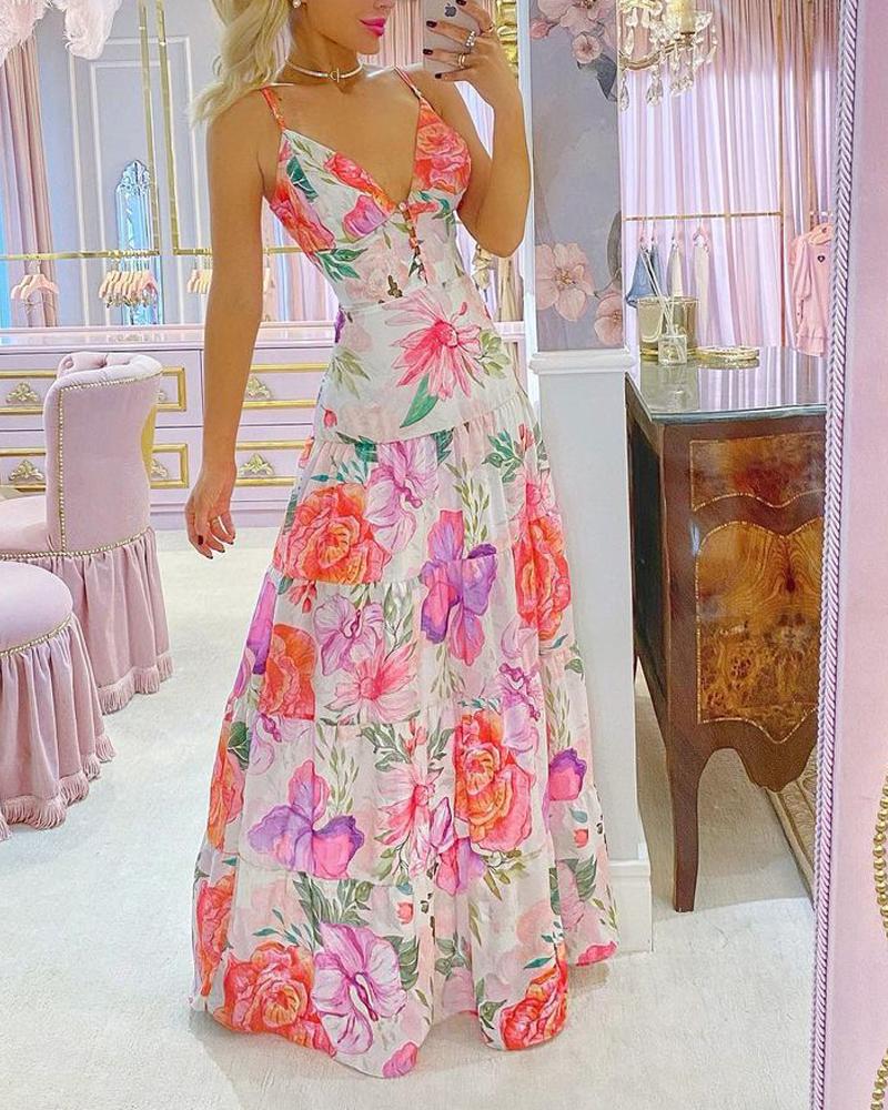 

Floral Print V-Neck Cami Maxi Dress, White