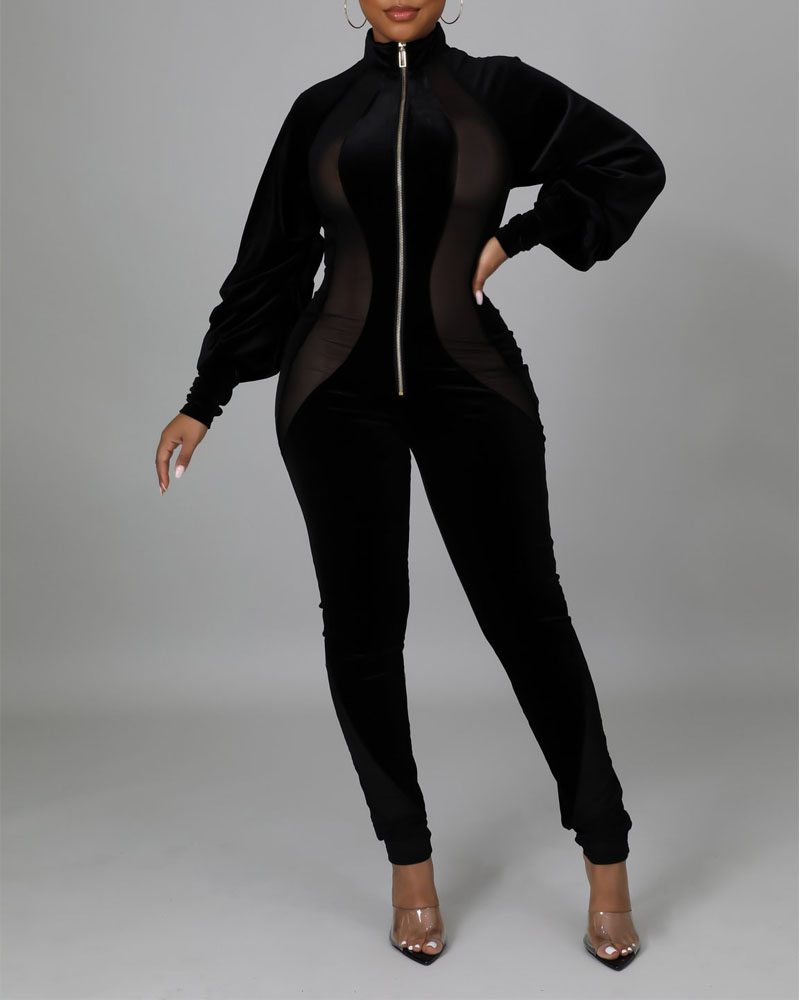 

Contrast Mesh Zipper Front Lantern Sleeve Skinny Jumpsuit, Black