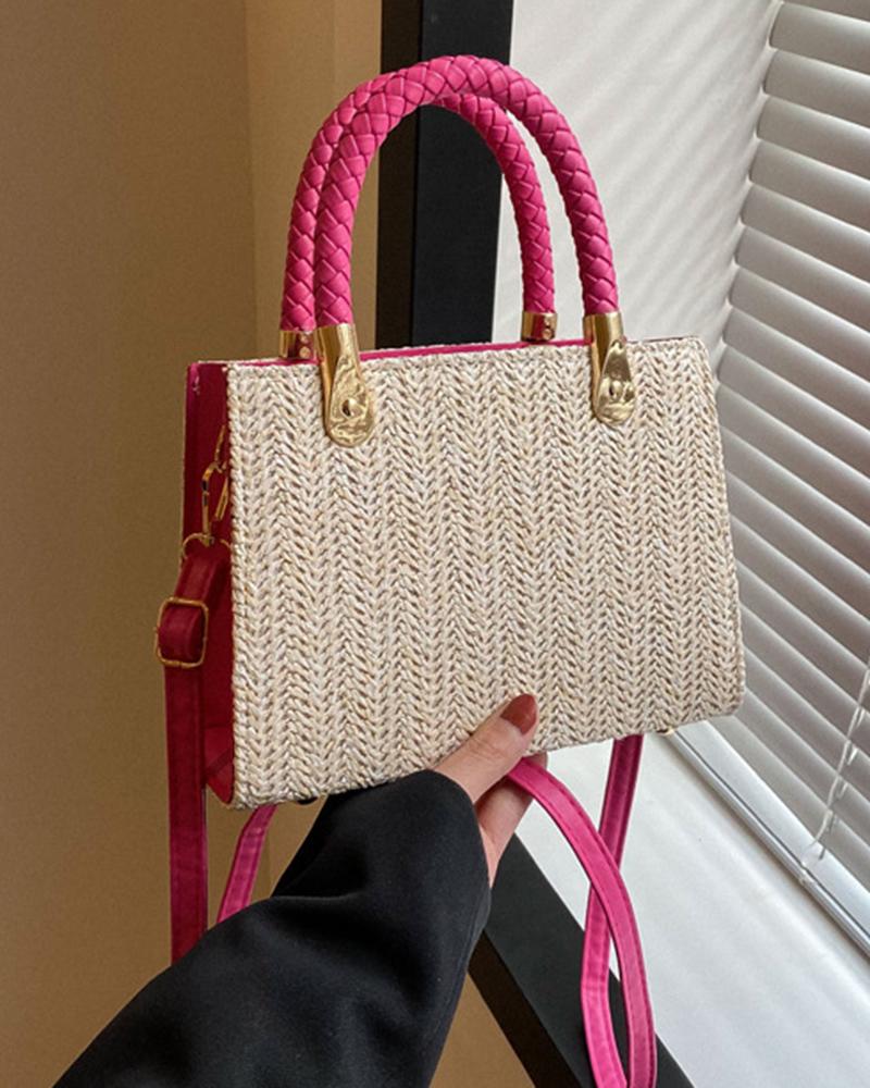 

Braided Straw Satchel Bag, Hot pink