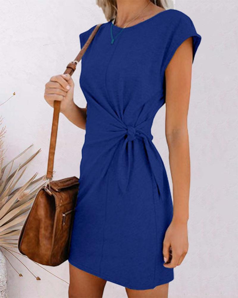 

Tied Detail Round Neck Casual Dress, Blue
