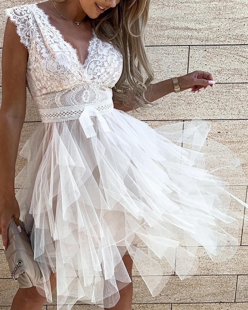

Backless Eyelash Crochet Lace Sheer Mesh Party Dress, White