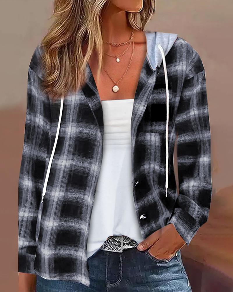 

Plaid Print Buttoned Hooded Shacket, Black