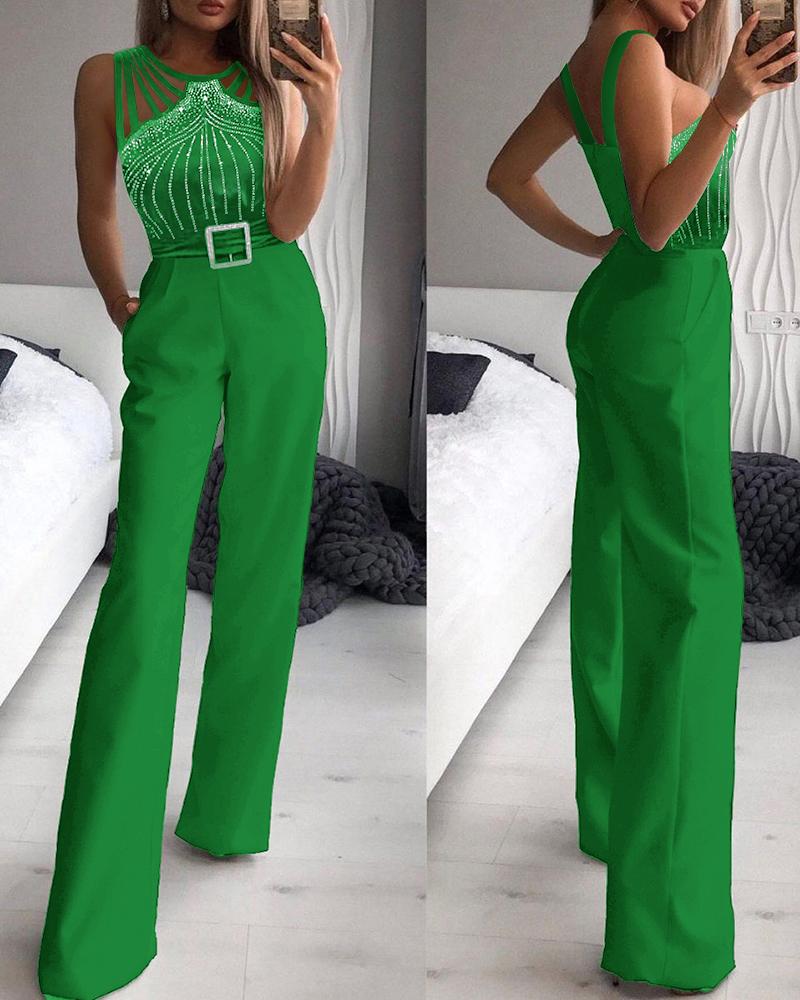 

Multi Strap Sleeveless Rhinestone Bootcut Jumpsuit, Green