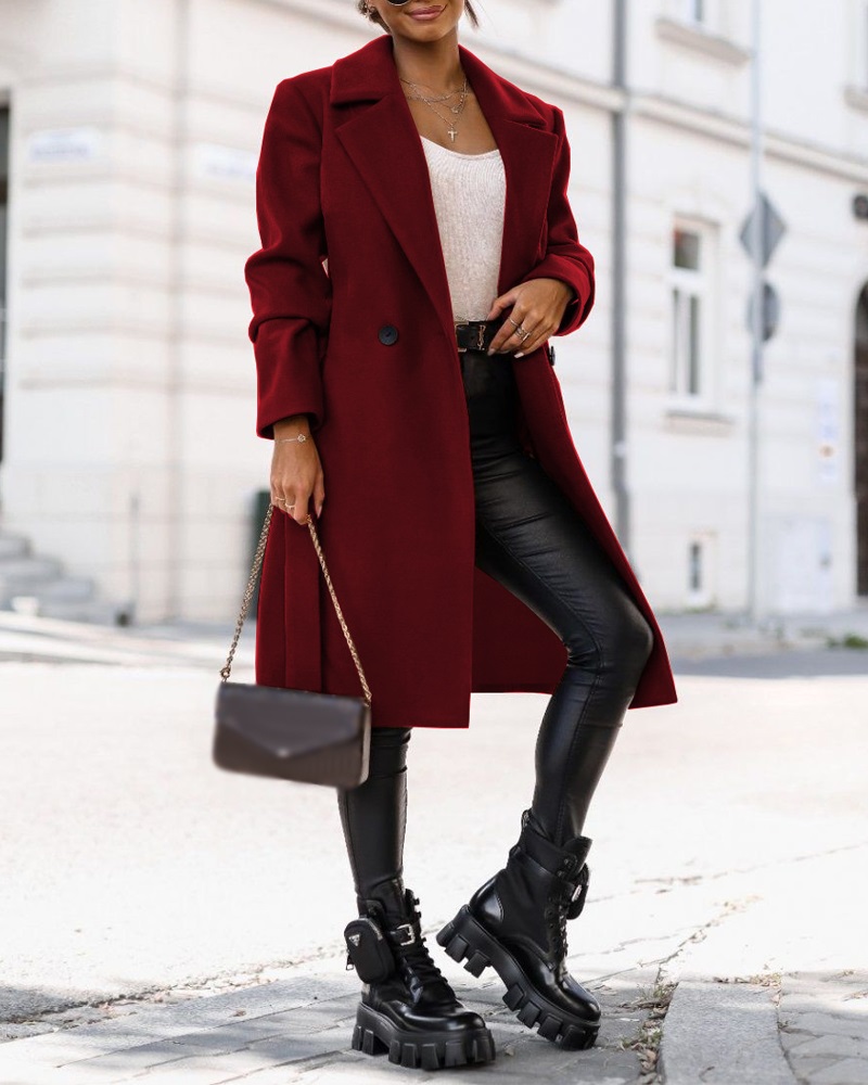 

Long Sleeve Double Breasted Belted Overcoat, Wine red