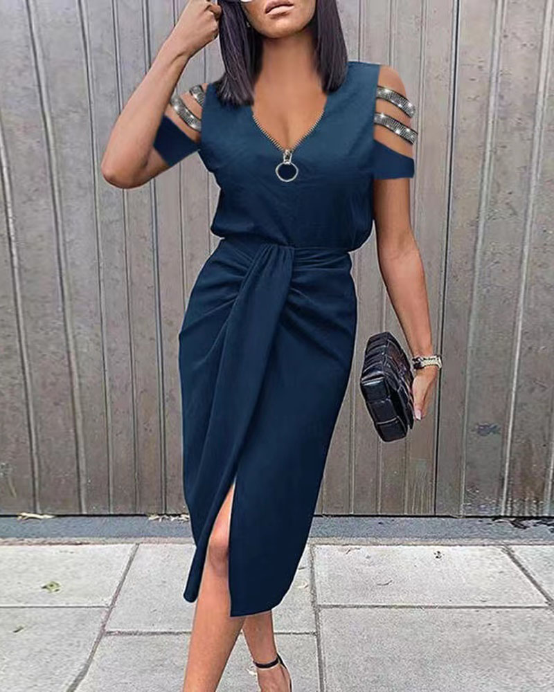 

Ladder Cutout Cold Shoulder Ruched Split Work Dress, Purplish blue