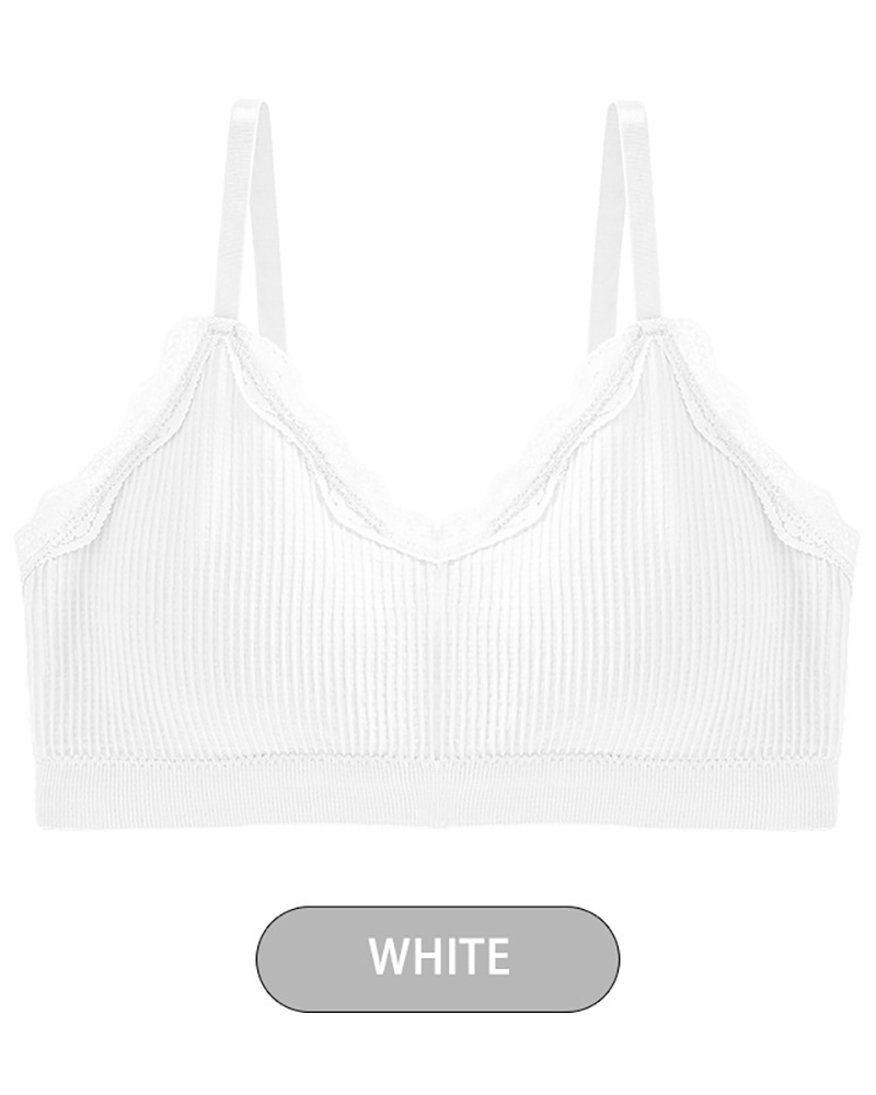 

Lace Trim V-Neck Textured Bra, White