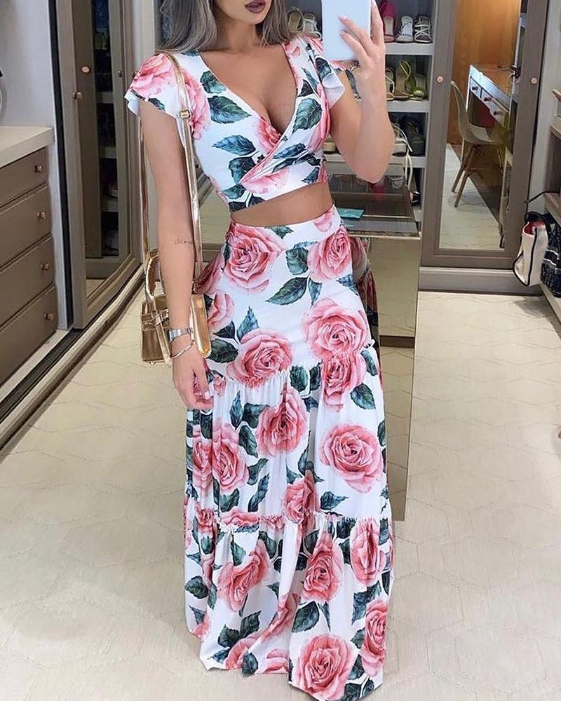 Conjunto de falda y top de cuello sobrepelliz de manga corta con estampado floral