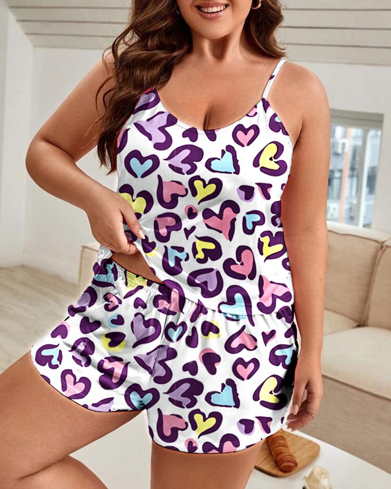 

Plus Size Heart Print V-Neck High Waist Cami Set, Multicolor