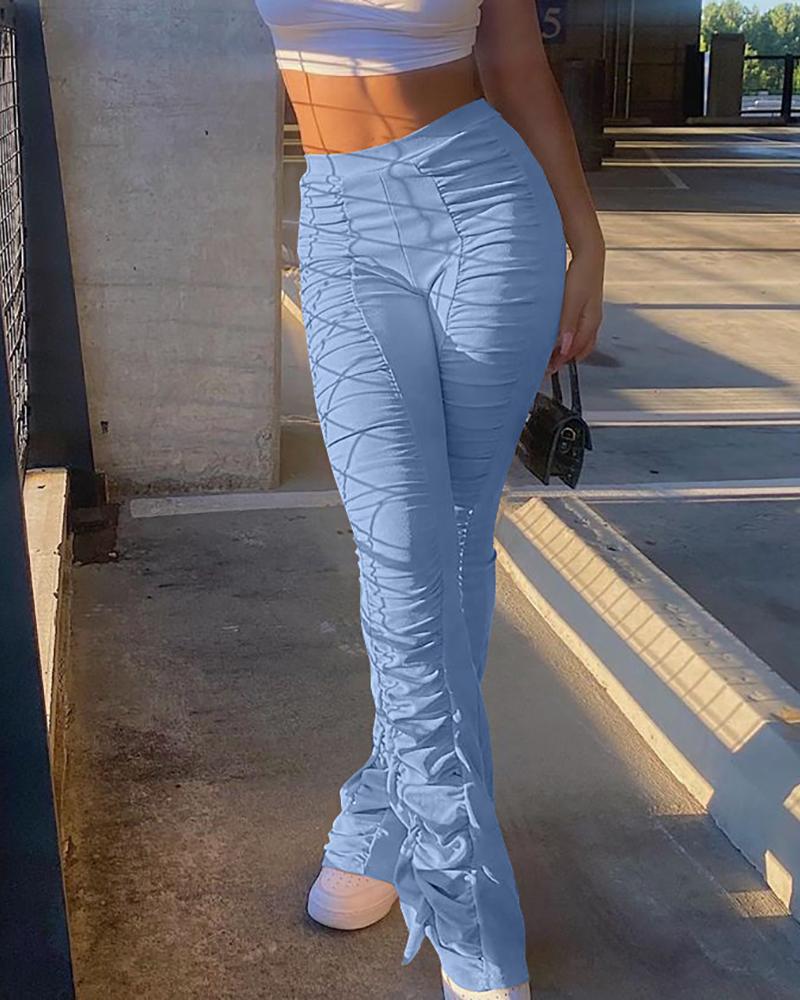 

Ruched High Waist Solid Skinny Bootcut Pants, Blue