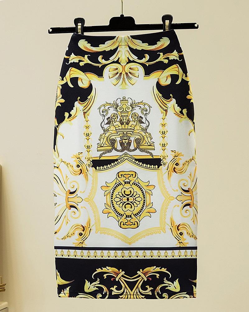 

High Waist Baroque Print Pencil Skirt, Style2