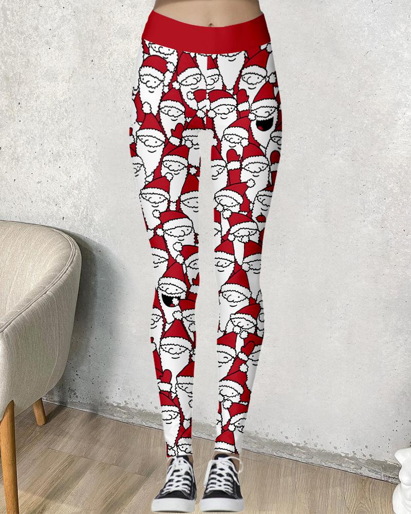 

Christmas Santa Claus Print Leggings, Red