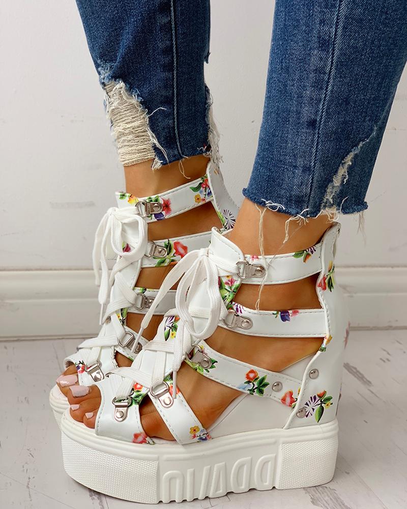 

Lace-Up Cut Out Wedge Sandals, White