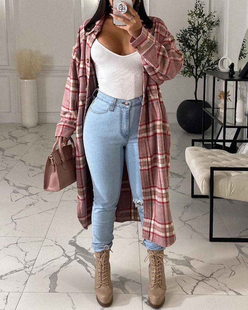 

Long Sleeve Buttoned Plaid Print Shacket, Pink