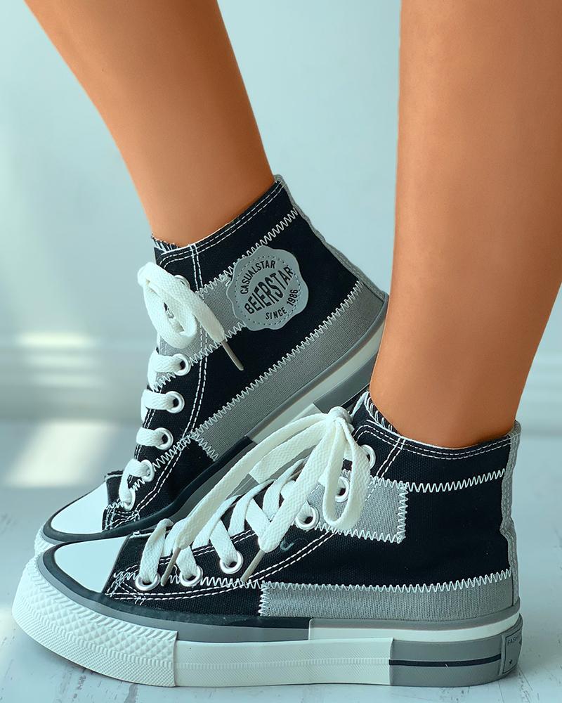 

Letter Pattern Colorblock Eyelet Lace-up Canvas Sneakers, Black