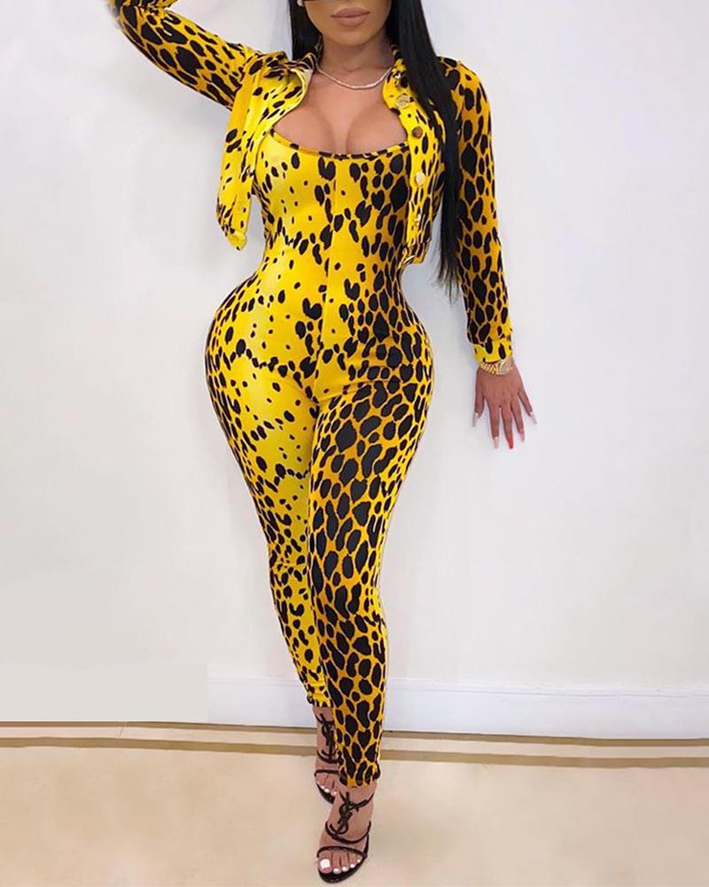 

Leopard Print Skinny Cami Jumpsuit With Crop Coat Set, Yellow