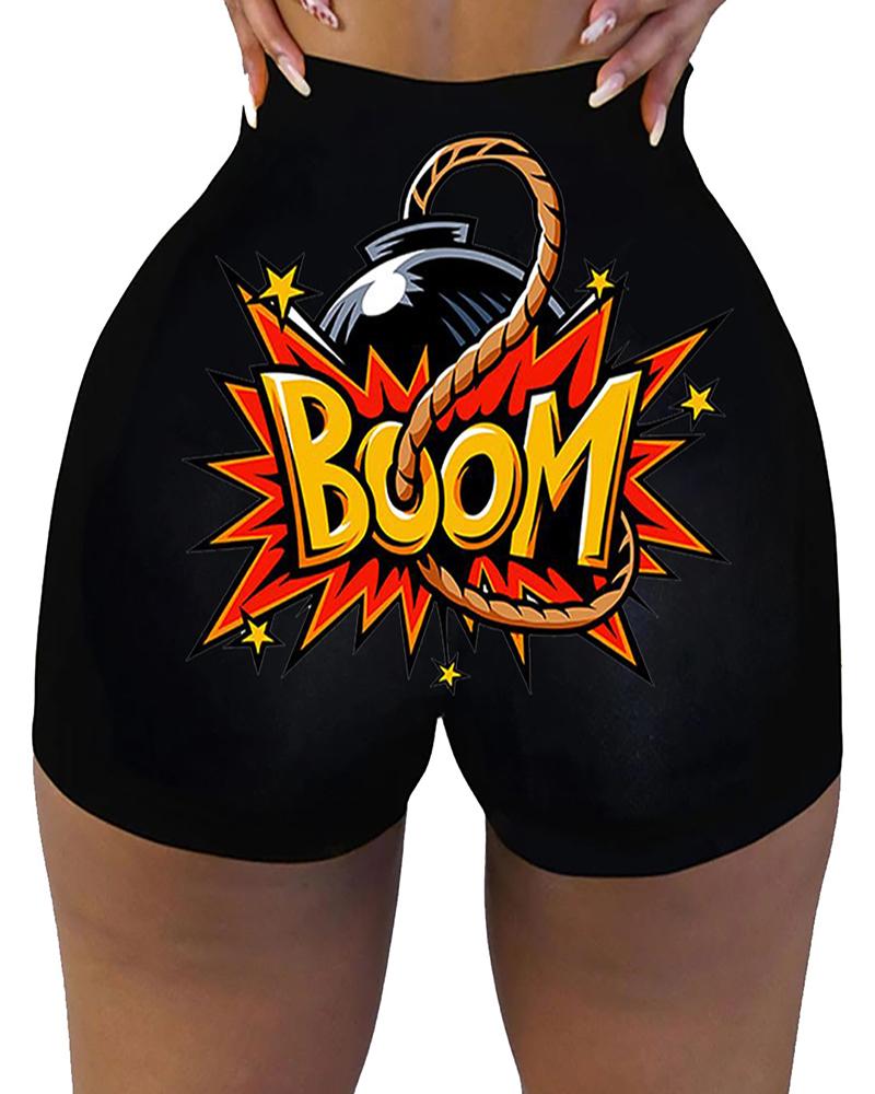 

Letter Print High Waist Casual Shorts, Black