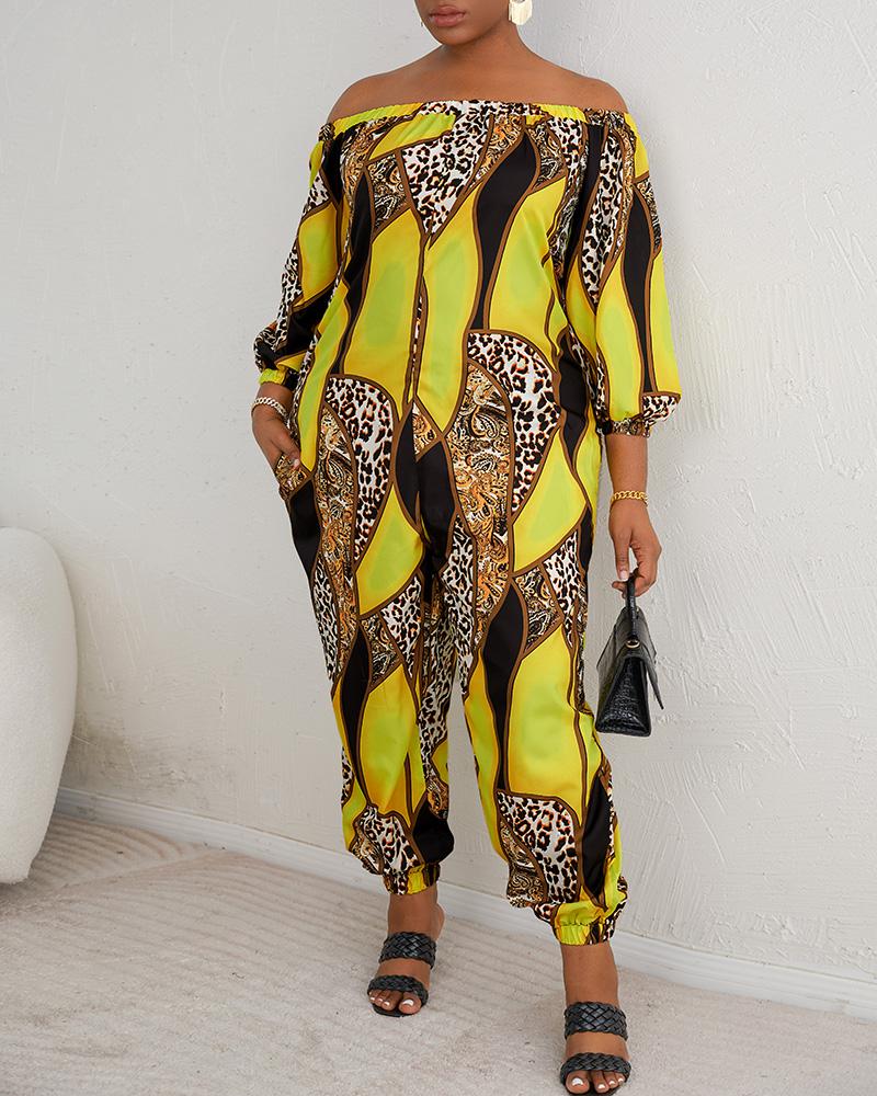

Plus Size Baroque Leopard Print Off Shoulder Jumpsuit, Yellow