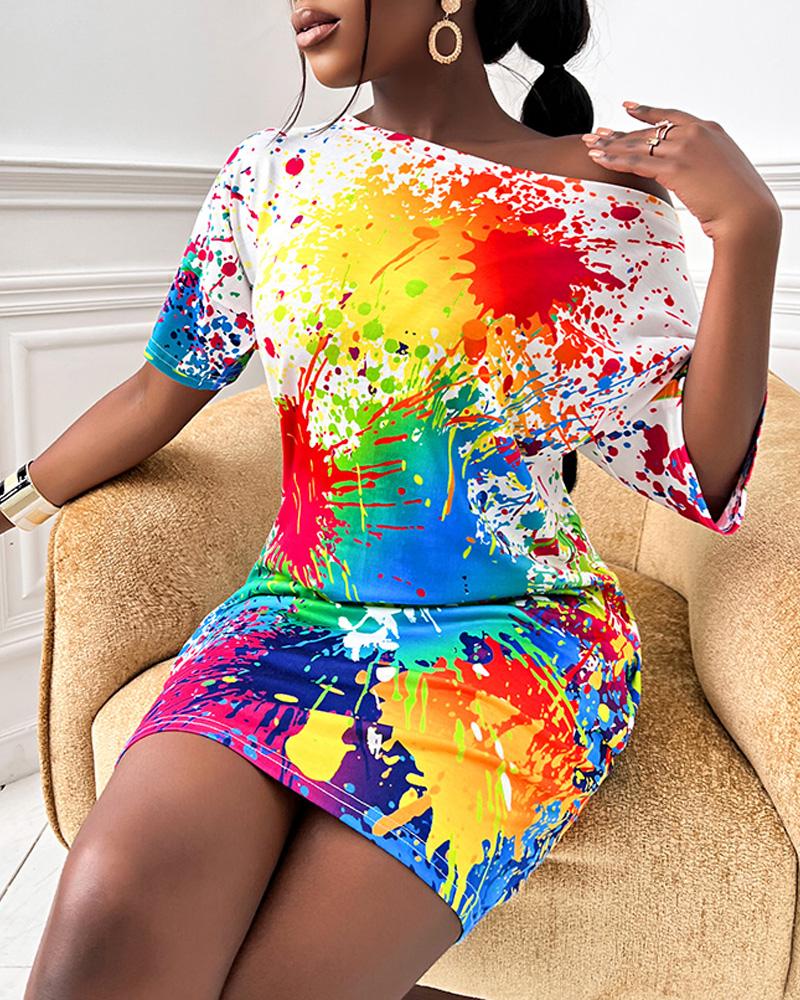 

Ink Splash Pocket Detail Casual Dress, White