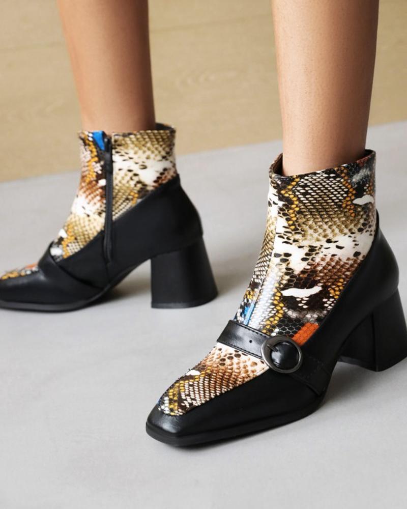 

Ladies Vintage Patchwork Snakeskin Print Square Toe High Heel Booties, Yellow