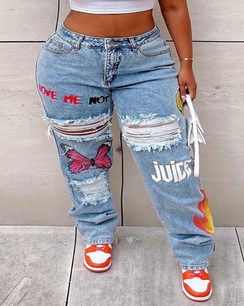 

Plus Size Butterfly Letter Print Ripped Jeans, Blue