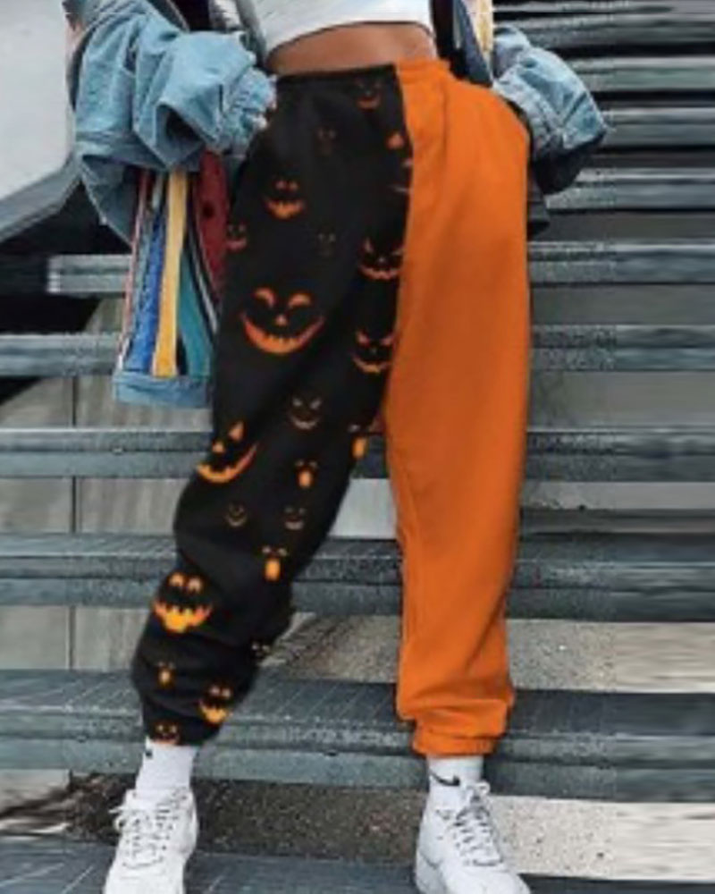 

Halloween Pocket Design Colorblock Graphic Print Pants, Yellow