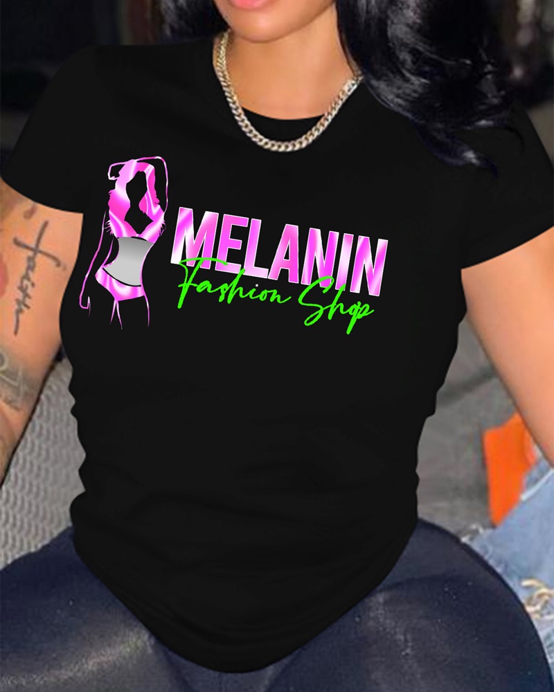 

Letter Figure Print Short Sleeve Casual T-shirt, Black