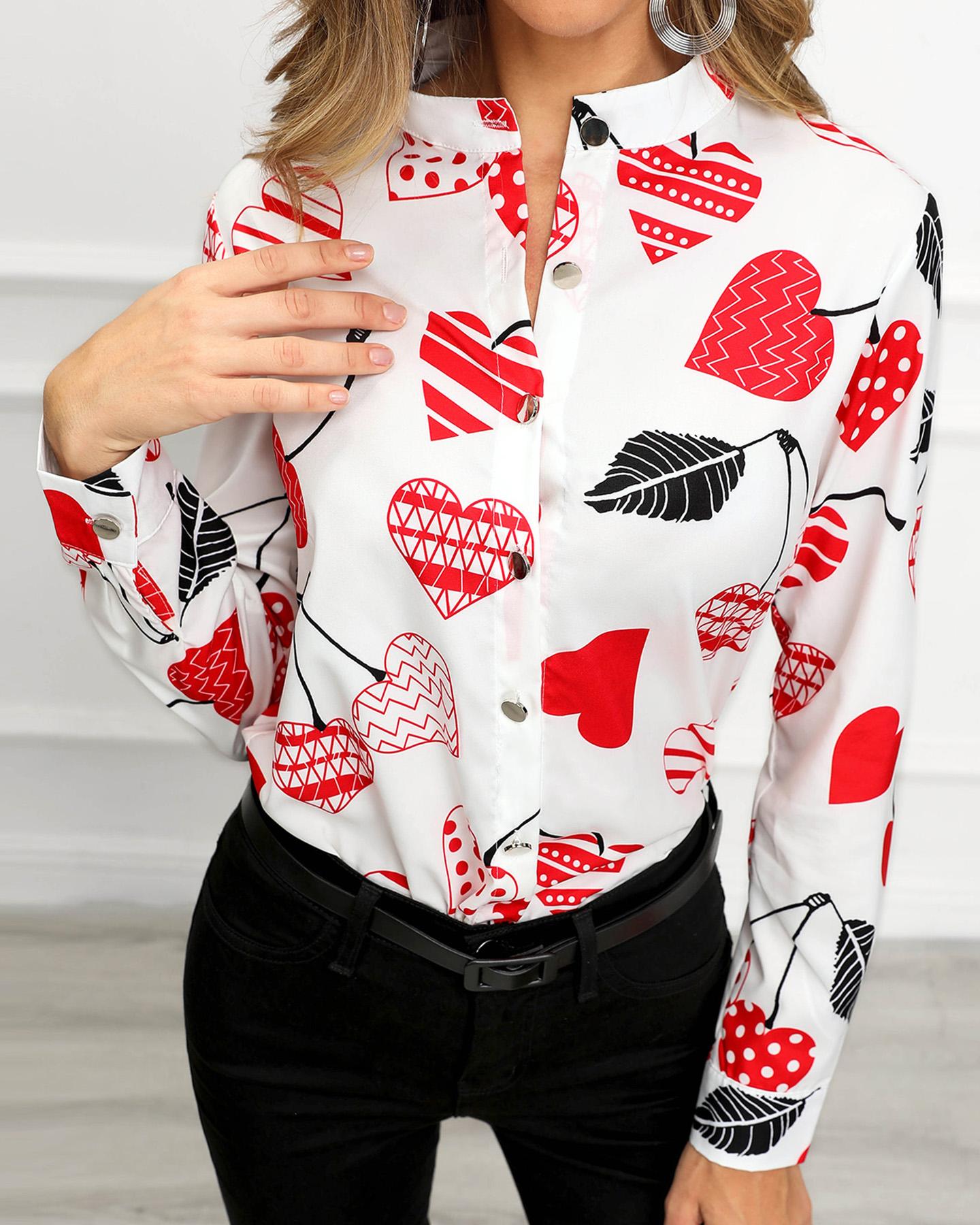 

Long Sleeve Cherry Print Casual Shirt, White