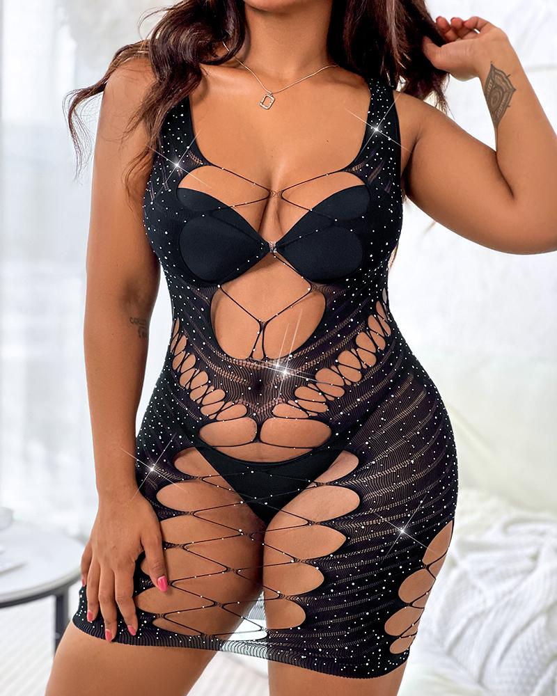 

Plus Size Rhinestone Decor Hollow Out Plunge Bodystockings Babydoll, Black