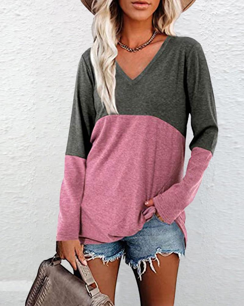 

Colorblock V-Neck Long Sleeve Top, Pink