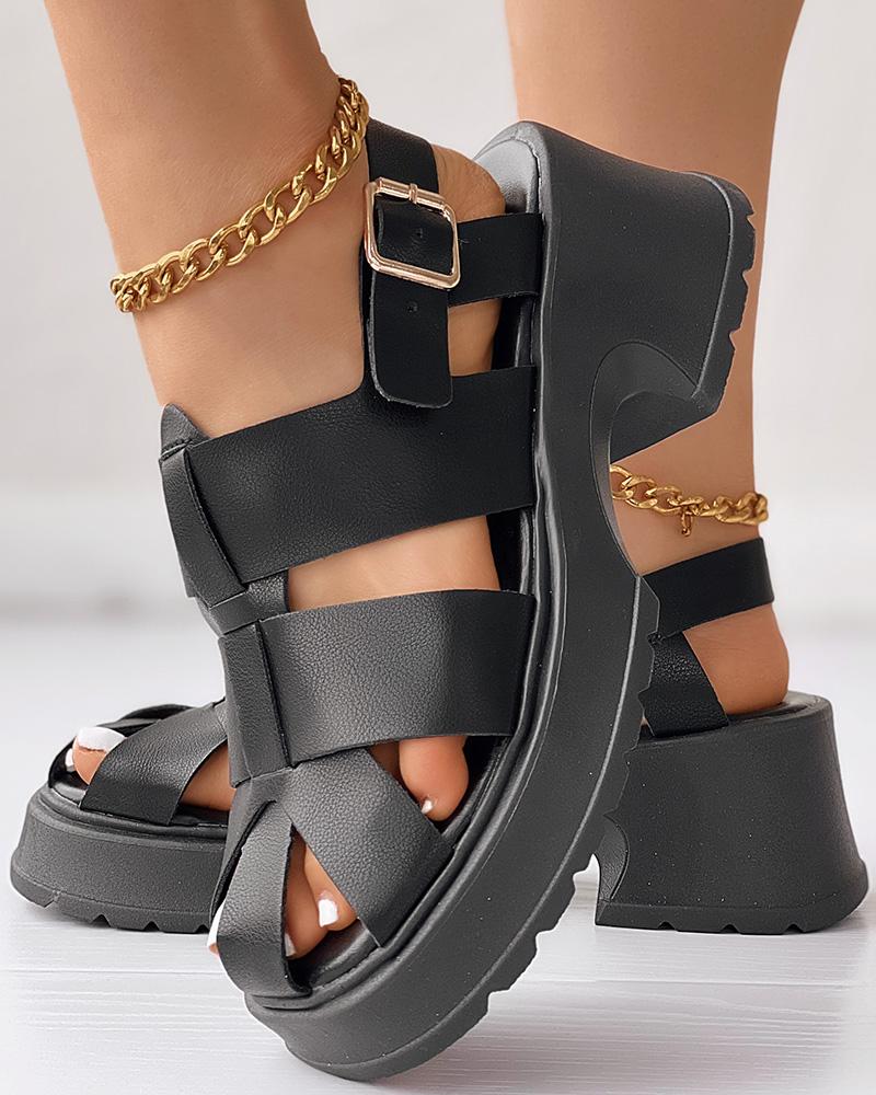 

Hollow Out Slingback Platform Wedge Sandals, Black