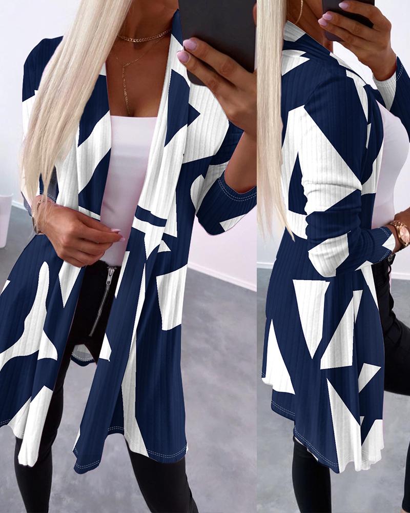 

Abstract Print Open Front Longline Ribbed Coat, Dark blue