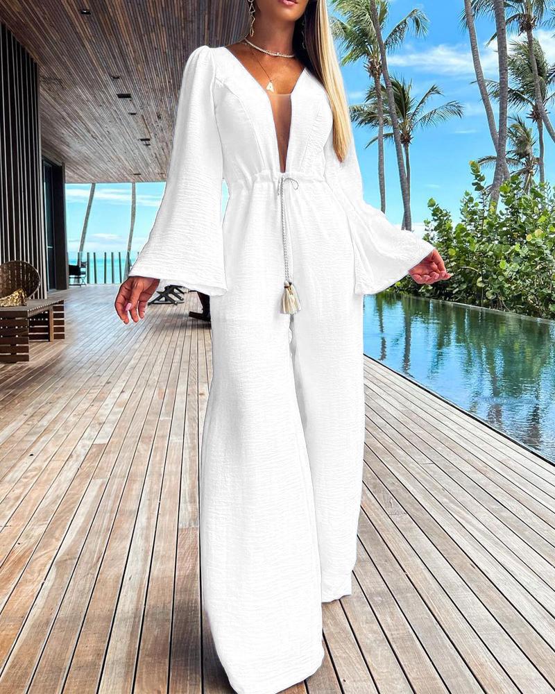 

Bell Sleeve Backless Drawstring Jumpsuit, White