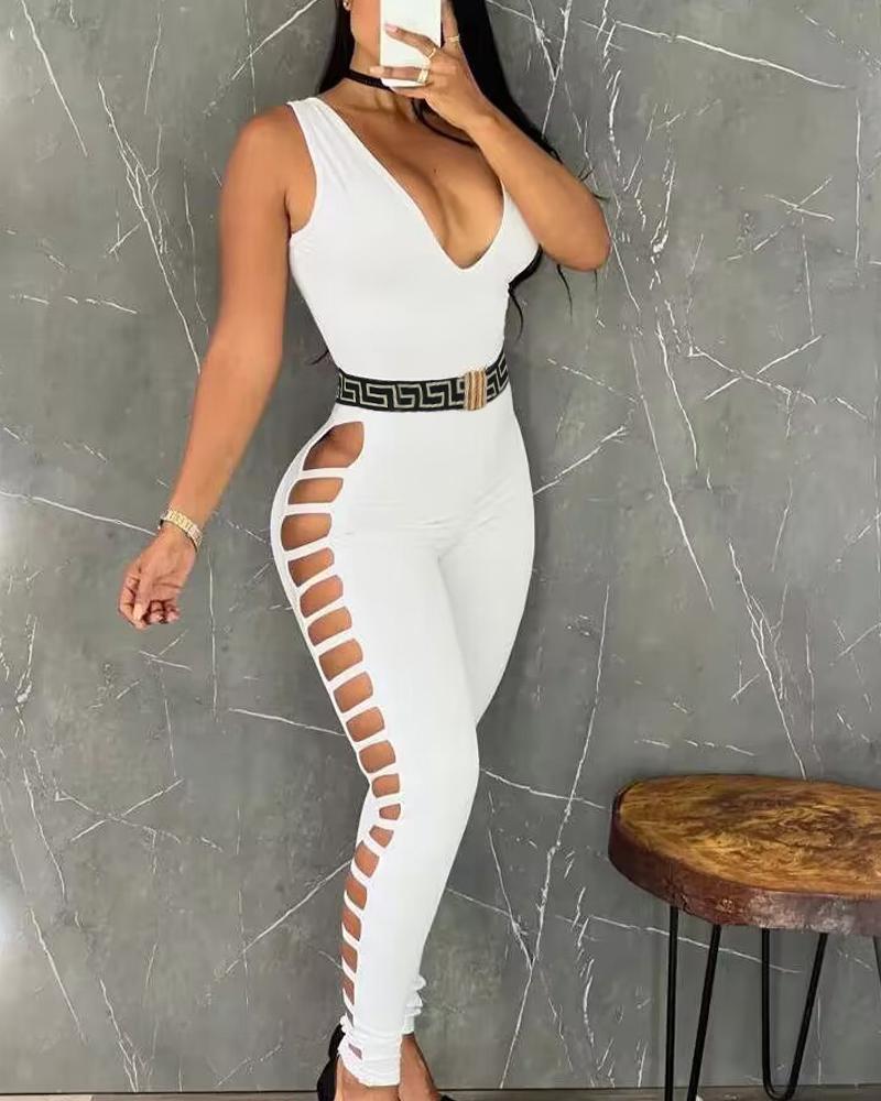 

Plunge Sleeveless Ladder Cutout Jumpsuit, White