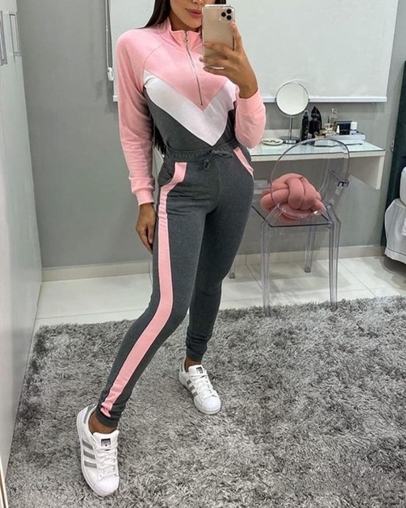 

Colorblock Zipper Design Coat & Striped Drawstring Pants Set, Pink