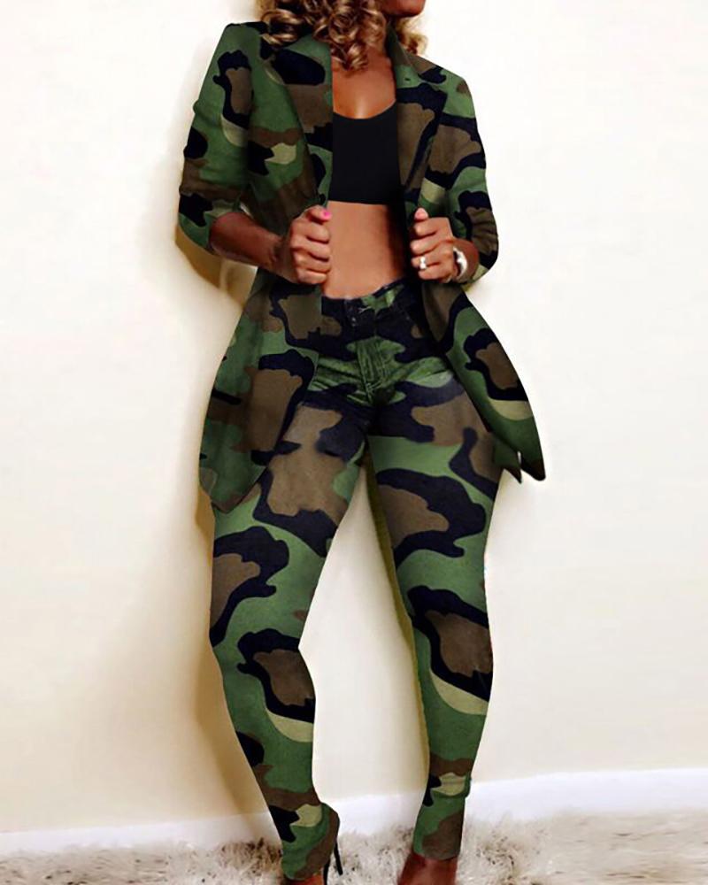 

Print Notched Collar Blazer & Pants Sets, Army green