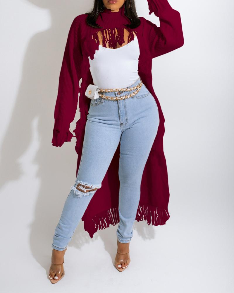 

Asymmetrical Distressed Fringe Trim Longline Sweater, Wine red