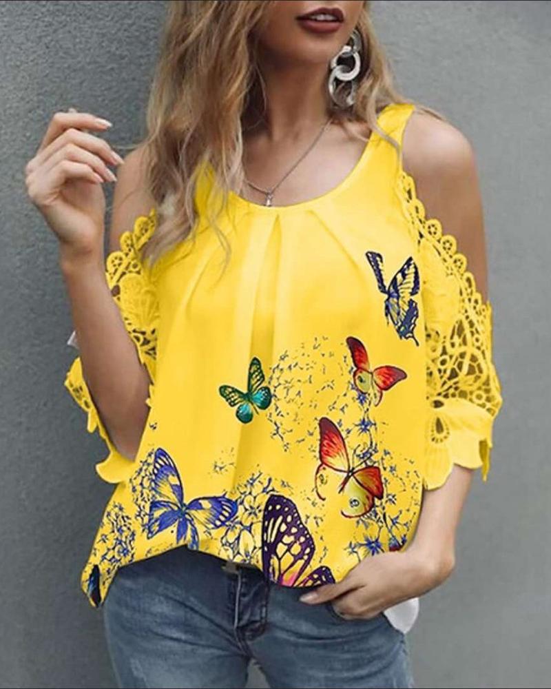 

Butterfly Print Lace Hem Cold Shoulder Blouse, Yellow