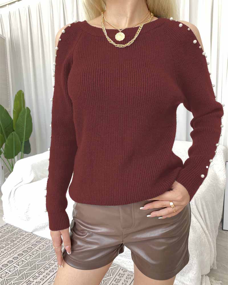 

Pearls Decor Cold Shoulder Sweater, Red