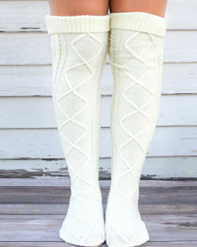 

1Pair Braided Knit Over The Knee Socks, White