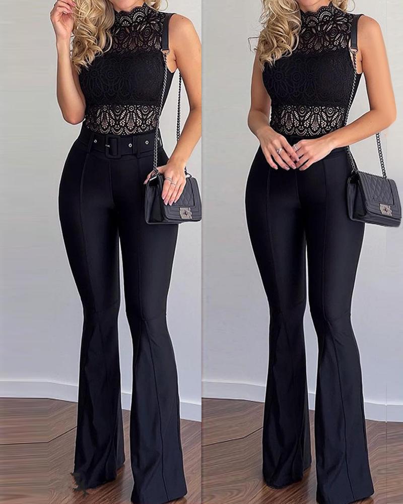 

Sleeveless Lace Top & Bootcut Pants Set With Belt, Black
