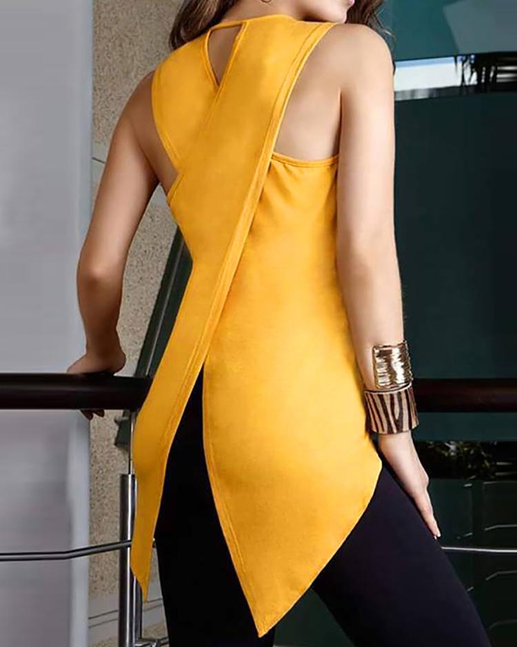 

Irregular Crisscross Split Back Casual Top, Yellow